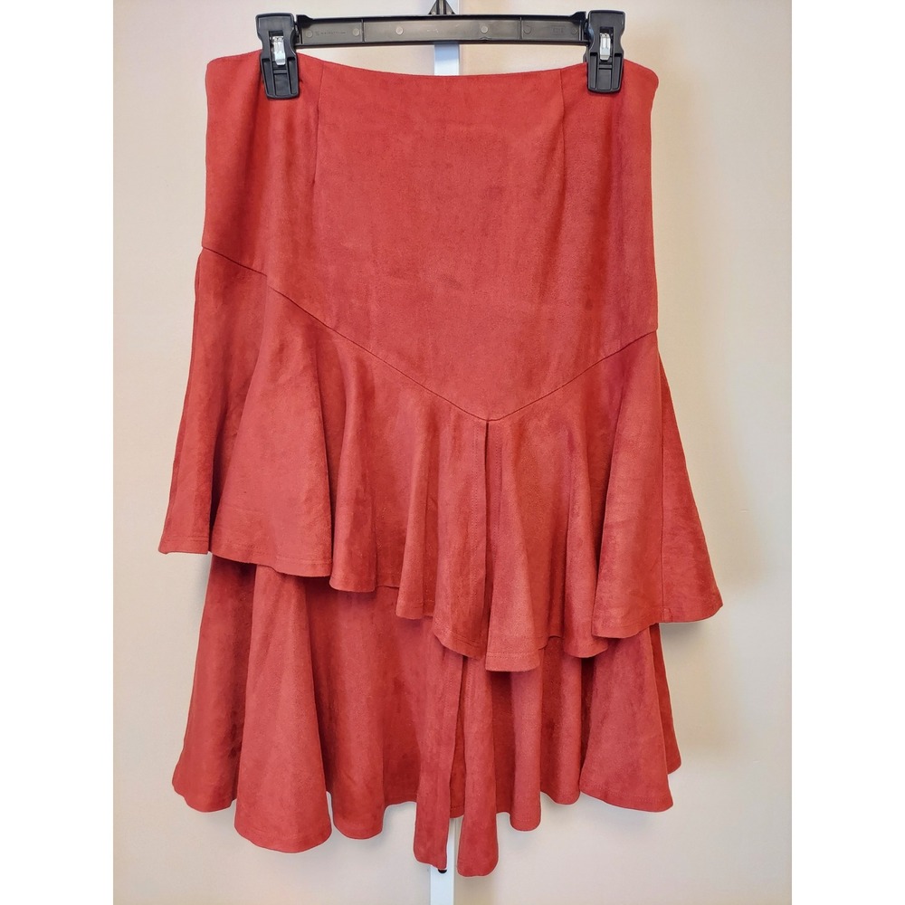 Rust Red Faux Suede Tiered Ruffle Skirt L Boho Western‎ Cowgirl Southwest Boho